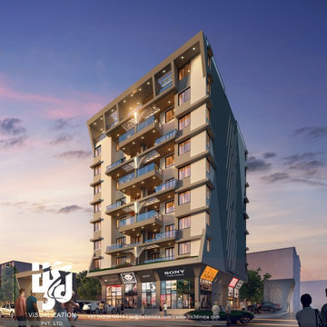 HIGH-RISE LUXURY DEVELOPMENT, APARTMENTS & CONSTRUCTION, DUSK VIEW, 3D RENDERING