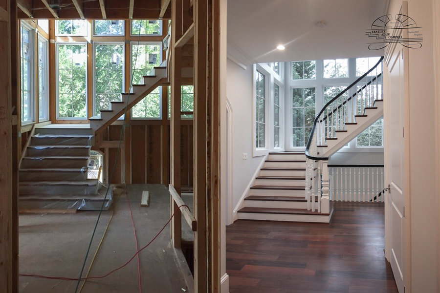 Powerful Impression by Floating Staircase in Suburban Foyer