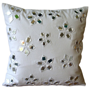 White Euro Pillow For Couch Cotton Canvas 24x24 Mirror Embroidery, Floral Lake