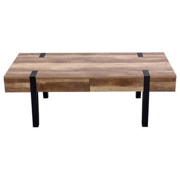 LuxenHome Oak Finish MDF Wood Black Metal 2-Drawer Coffee Table