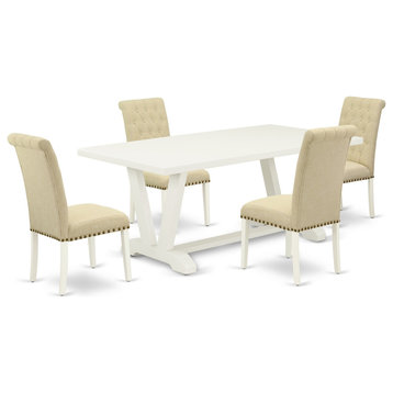 5-Piece Dinette Set, 4 Kitchen Chairs and Table, Linen White