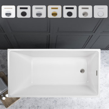 47" Acrylic Flatbottom Freestanding Bathtub, White/Brushed Nickel