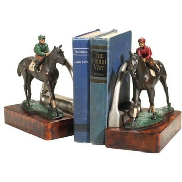 Bookends Bookend EQUESTRIAN Lodge 2 Race Horses with Jockey Red Green