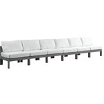 Meridian Furniture - Nizuc Water Resistant Patio Modular Straight Sofa, White, 6-Piece: 6 Armless Chair, Dark Gray Aluminum Frame - Pick and choose your favorites from the Nizuc collection to create a modular seating group the whole gang will enjoy. The sturdy aluminum frame provides dependable support for friends and family as they relax and unwind, and the resilient white water resistant fabric stands up to the elements without losing its beautiful demeanor, so you can count on it lasting for the long haul. Latches beneath these seating pieces help you easily attach them to one another for convenient setup.