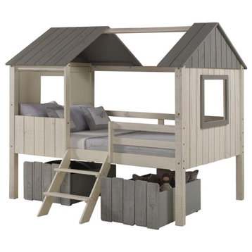Donco Kids House Full Solid Wood Low Loft Bed With Drawers in Sand and Gray