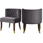 Meridian Furniture - Perry Velvet Upholstered Dining Chair (Set of 2), Gray - Make diners feel comfortable from the first course through dessert when you seat them in this Perry velvet dining chair. This handsome chair is covered in chic, plush grey velvet and features a button-tufted back for an elegant look that impresses visitors and family alike. The chair sits on espresso wood legs with metal caps in brushed gold for added elegance and refinement.