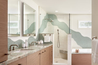 Inspiration for a contemporary porcelain tile, white floor and double-sink bathroom remodel in San Francisco with brown cabinets, a hot tub, an undermount sink, quartz countertops and a built-in vanity