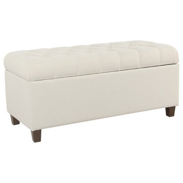 Fabric Upholstered Button Tufted Wooden Bench With Hinged Storage, White & Brown