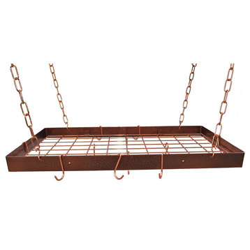 Hanging Rectangle Pot Rack With Grid, Hammered Copper and Copper