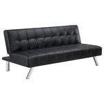OSP Home Furnishings - Sawyer Futon, Black Faux Leather With Stainless Steel Legs - Curl up for a relaxing evening with the Sawyer Futon Sofa.�Details like squared button tufting, tailored piping, and sleek stainless-steel frame make this a stylish addition to any contemporary d�cor. Our futon quickly and easily folds out, making a fun and relaxed center of your family room.�Invite guests to sleep in comfort on the easy release and lock recline mechanism. This futon folds out to a generous single size mattress, perfect for an unexpected guest or all-night binge watching of your favorite TV episodes. Simple assembly and durable Polyester upholstery will make owning this futon a dream.