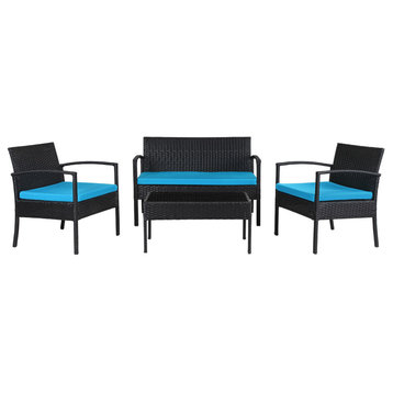 Teaset 4 Piece Black Wicker Outdoor Patio Conversation Set with Blue Cushions
