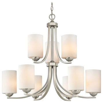 Modern Chandelier with Two Tiers and Opal White Cylinder Glass Shades