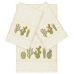 Linum Home Textiles - Mila 3 Piece Embellished Towel Set - The MILA Embellished Towel Collection features whimsical blooming cactus in applique embroidery on a woven textured border. These soft and luxurious towels are made of 100% premium Turkish Cotton and offer lasting absorbency and superior durability. These lavish Turkish towels are produced in Linum�s state-of-the-art vertically integrated green factory in Turkey, which runs on 100% solar energy.