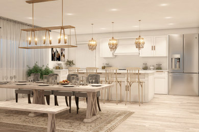 Foto di una grande cucina design con ante in stile shaker, ante bianche, top in marmo, parquet chiaro e top bianco