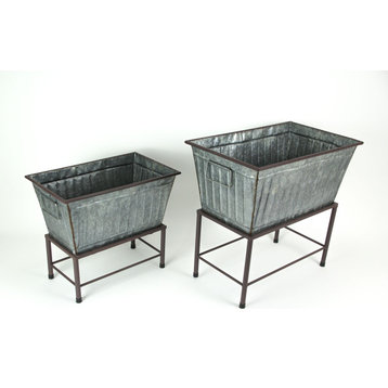 Set of 2 Galvanized Zinc Finish Metal Tub Planters On Stands
