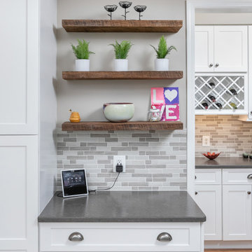 Kitchen with White Shaker Cabinetry (and WIne Rack & open shelving)