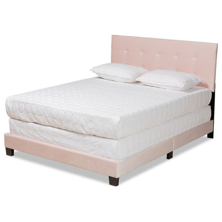 Kirstie Modern Glam Velvet Upholstered Panel Bed, Light Pink/Black, Queen