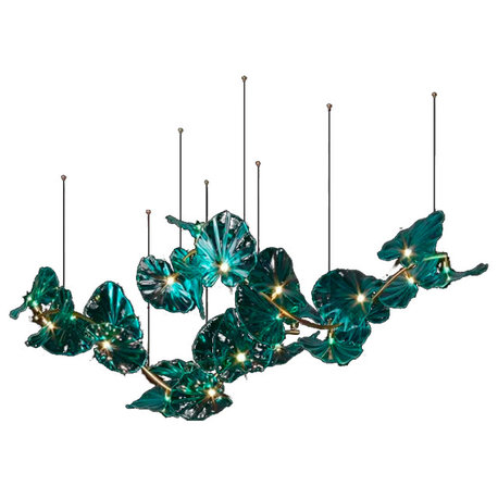 Cagliari | Unique Green Glass Leaves Shaped Pendant Chandelier, Green, A150, Cool Light