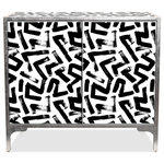 Empire Art Direct - "Intertwined" Cabinets Console Table on Beveled Printed Art Glass, Frame - Introducing the "Intertwined" Console, an abstract masterpiece by Co-Op artist Mia Xi, signed by the artist, characterized by a mesmerizing play of black and white shades that beckon you to explore the depths of your imagination. It's as if you're navigating a concealed maze of straight lines and intricate spaces, an invitation to explore the depths of your creative imagination. The beveled edges of the glass enchantingly capture and reflect light, creating a captivating interplay of shadows and ever-changing forms with each gaze. This exquisite piece boasts real Black Ash Wood Veneer on its shelves, doors, and sidewalls, harmoniously coupled with touch-open doors crafted from Beveled Reverse Printed Art Glass. All of this is elegantly complemented by a frame of Silver Leafed Iron, infusing the artwork with opulent shimmer. Measuring 42" x 37" x 17," this console offers the perfect blend of elegance, making it an instant room enhancer. To elevate its allure, consider pairing it with the matching 'Intertwined' 48"x 32" Frameless Reverse Printed Art Glass Mirror. Child protection anti-tipping hardware is included with the console