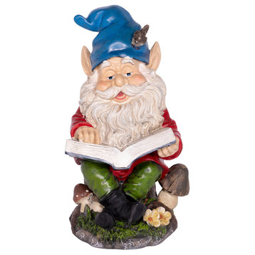 14" Tall Outdoor Garden Gnome Reading a Book Yard Statue Decoration