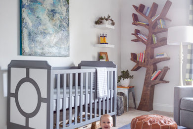 Mid-sized transitional gender-neutral carpeted and gray floor nursery photo in Little Rock with white walls