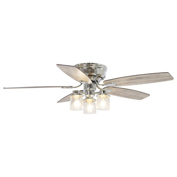 52 in Modern Flush Mounted Ceiling Fan in Chrome with Remote Control, 5 Blades