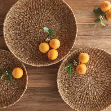 Set of 3 Round Woven Sea Grass Tray Baskets Natural Decorative Bowls 22 20 18 in