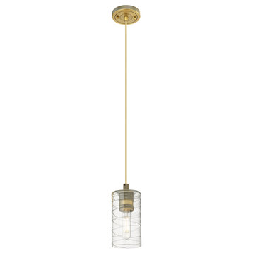 Crown Point,  1 Light 7" Cord Hung Pendant, Brushed Brass, Deco Swirl Glass