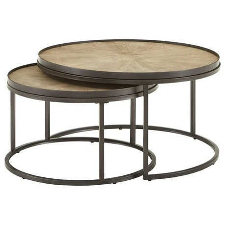 Modern Gray Oak Nesting Tables with Starburst Wood Pattern and Metal Base