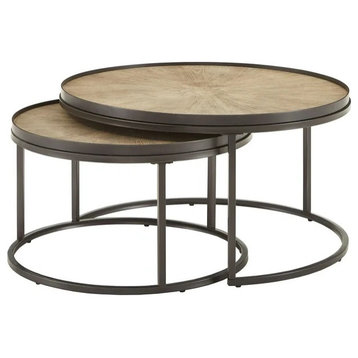2 Pack Coffee Table, Nested Design With Metal Frame, Round Top, Light Gray Oak