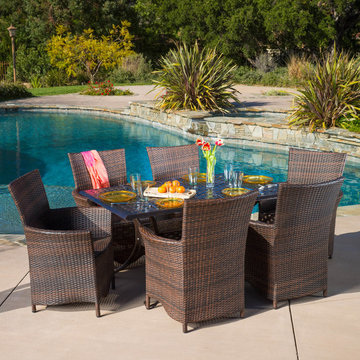Contemporary Outdoor Patio Ft. 7pcs Cast Aluminum Wicker Dining Set