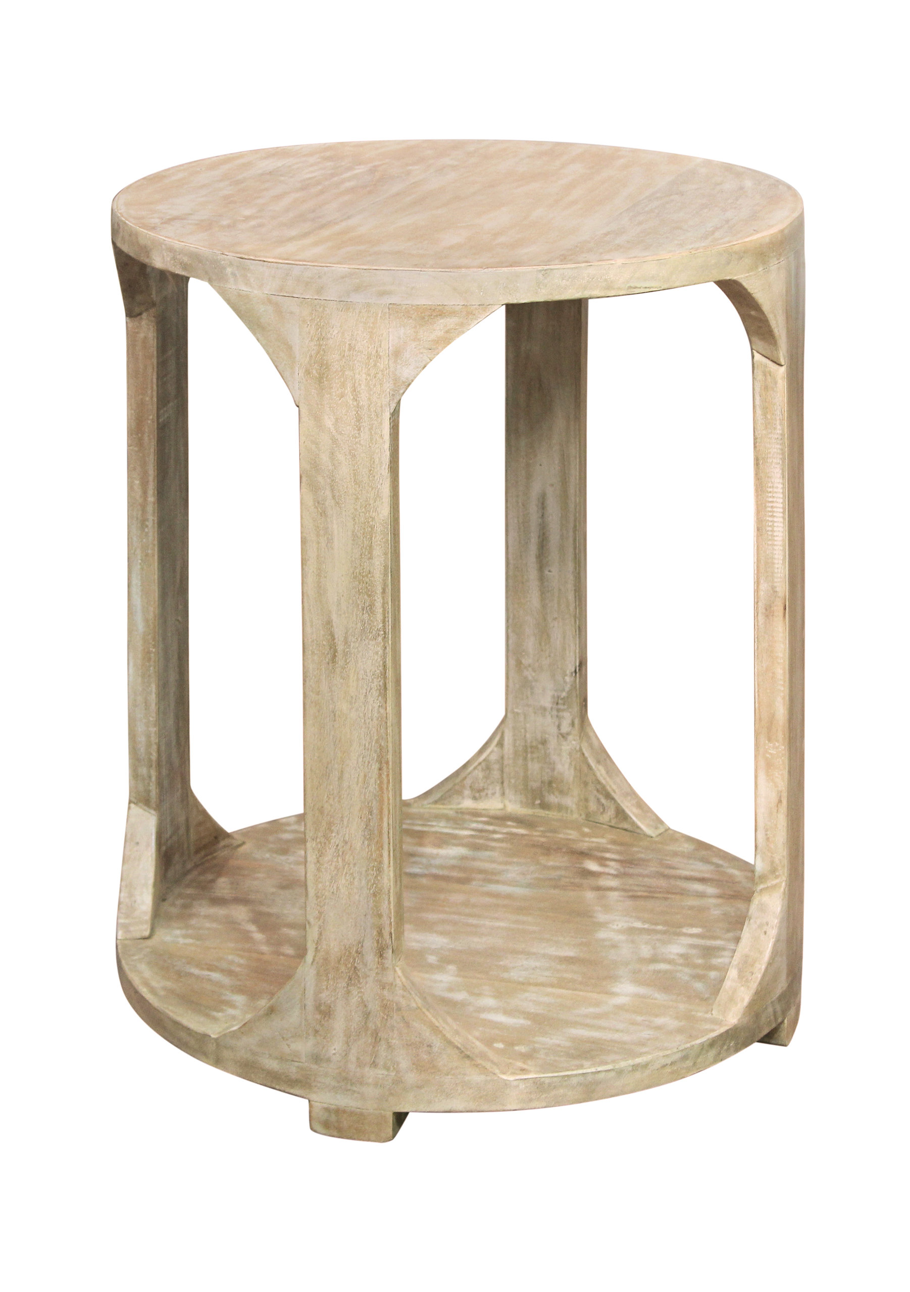 Jenna Coastal Round End Table With Shelves, Natural Solid Wood ...