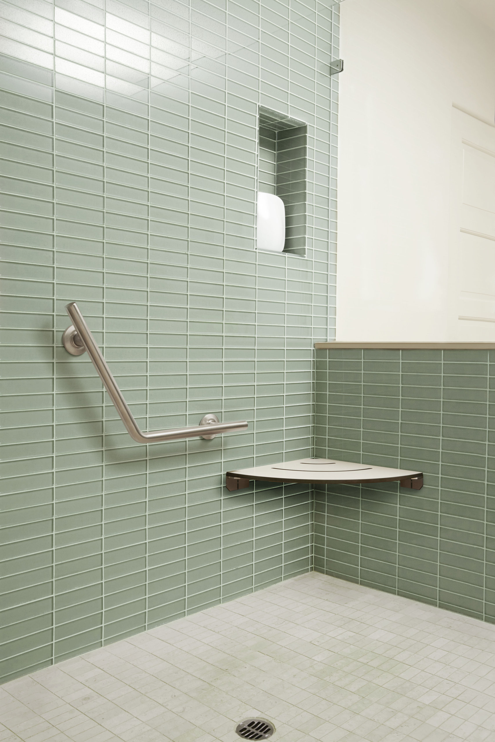 White Corner Shower Seat With 18" Radius