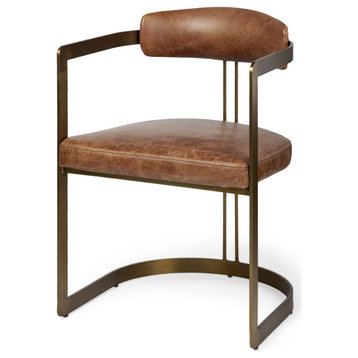 HomeRoots Brown Leather Seat With Gold Iron Frame Dining Chair