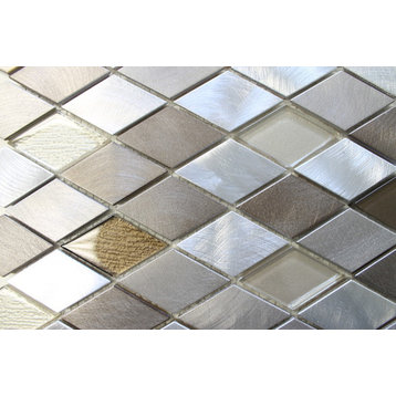 Yaletown Diamond Brushed Aluminum and Glass Mosaic Tile, 12"x12"