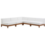 Meridian Furniture - Rio Water Resistant Fabric  Patio 5-Piece Modular Sectional, Off White - Build the seating group you need for your outdoor entertaining area with one or more selections from the Rio collection including this Rio outdoor off-white water resistant modular sectional. A solid acacia wood frame provides sturdy dependability for this sectional, ensuring its long-lasting performance and impeccable beauty. The plump cushions are encased in resilient water resistant fabric to keep them looking luxuriously beautiful for seasons to come. Attach other units in the collection to this sectional with convenient latches.