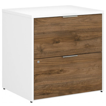 Elegant File Cabinet, Wooden Construction With 2 Lockable Drawers, Walnut/White