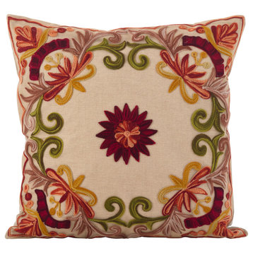 Poly Filled Embroidered Floral Design Cotton Throw Pillow, 18"x18", Multi