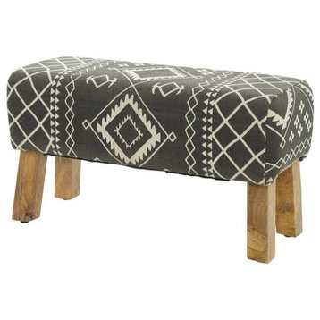 Unique Upholstered Bench, Mango Wood Frame With Padded Tribal Fabric Seat, Black