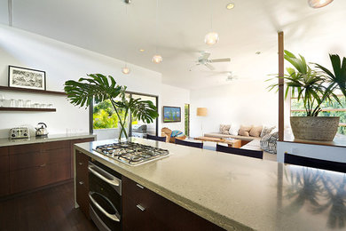 Inspiration for a mid-sized tropical open plan kitchen in Hawaii with flat-panel cabinets, dark wood cabinets, concrete benchtops, stainless steel appliances, dark hardwood floors, with island, brown floor and grey benchtop.