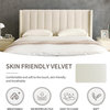 Modern Platform Bed, Flannel Upholstered Wingback Headboard, Cream/King