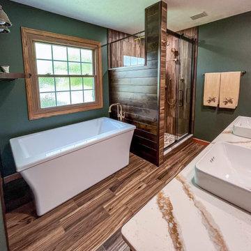 Custom Rustic Bathroom with Knotty Alder Vanity and Cambria Quartz