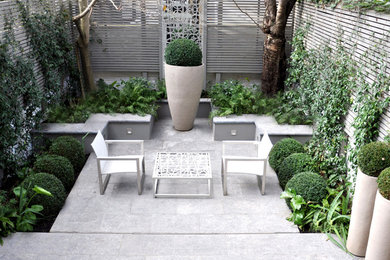 Photo of a small modern patio in London with a container garden and natural stone pavers.