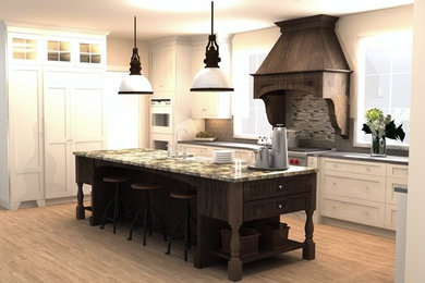 Inspiration for a large transitional u-shaped medium tone wood floor eat-in kitchen remodel with a farmhouse sink, shaker cabinets, white cabinets, granite countertops, beige backsplash, paneled appliances and an island
