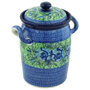 Polish Pottery 11" Stoneware Jar With Lid and Handles Hand-Decorated Design