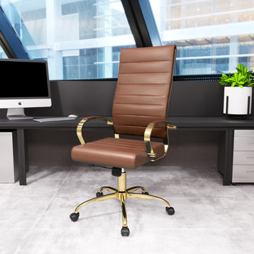 LeisureMod Benmar High-Back Leather Office Chair With Gold Frame, Brown