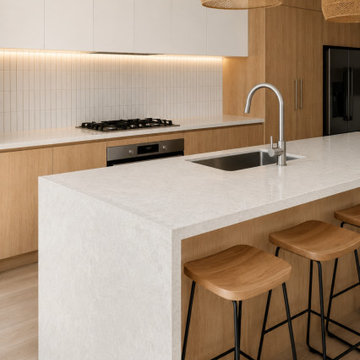 Modern Australian Kitchen with White Onyx Waterfall Island & Benchtops