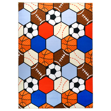 Sports Themed Rug  Colorful Area  Kid's Rug, 5'x7'