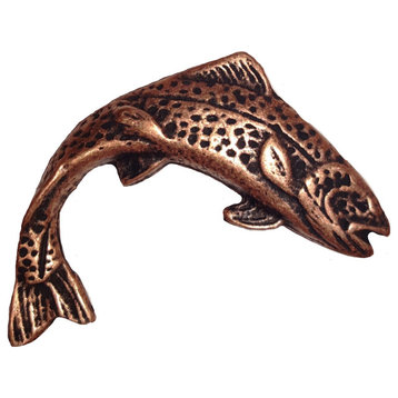 Jumping Trout Right Facing Cabinet knob, Antique Copper