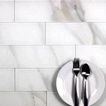 Nature 4 in x 16 in Glass Subway Tile in Glossy Calacatta White